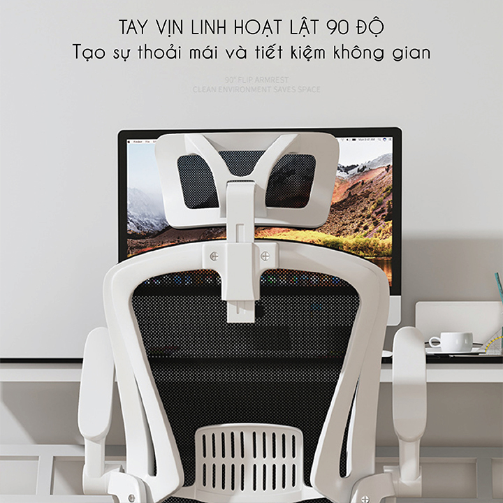 Ghế Xoay Văn Phòng Lưới Làm Việc Công Thái Học - Ghế Làm Việc Xoay Có Tựa Đầu, Tay Gập Thông Minh, Lưới Thoáng Khí.