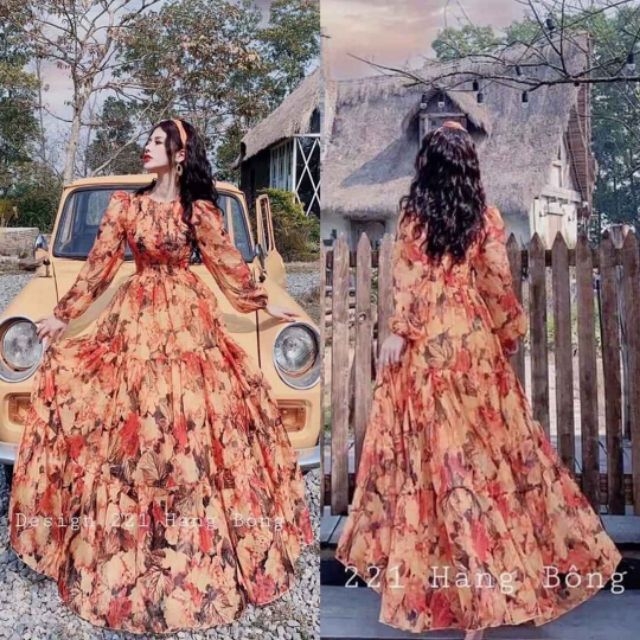 Đầm Maxi Hoa Xoè Xinh Xắn Hàng Thiết Kế Tay Dài Bo Phồng Tay