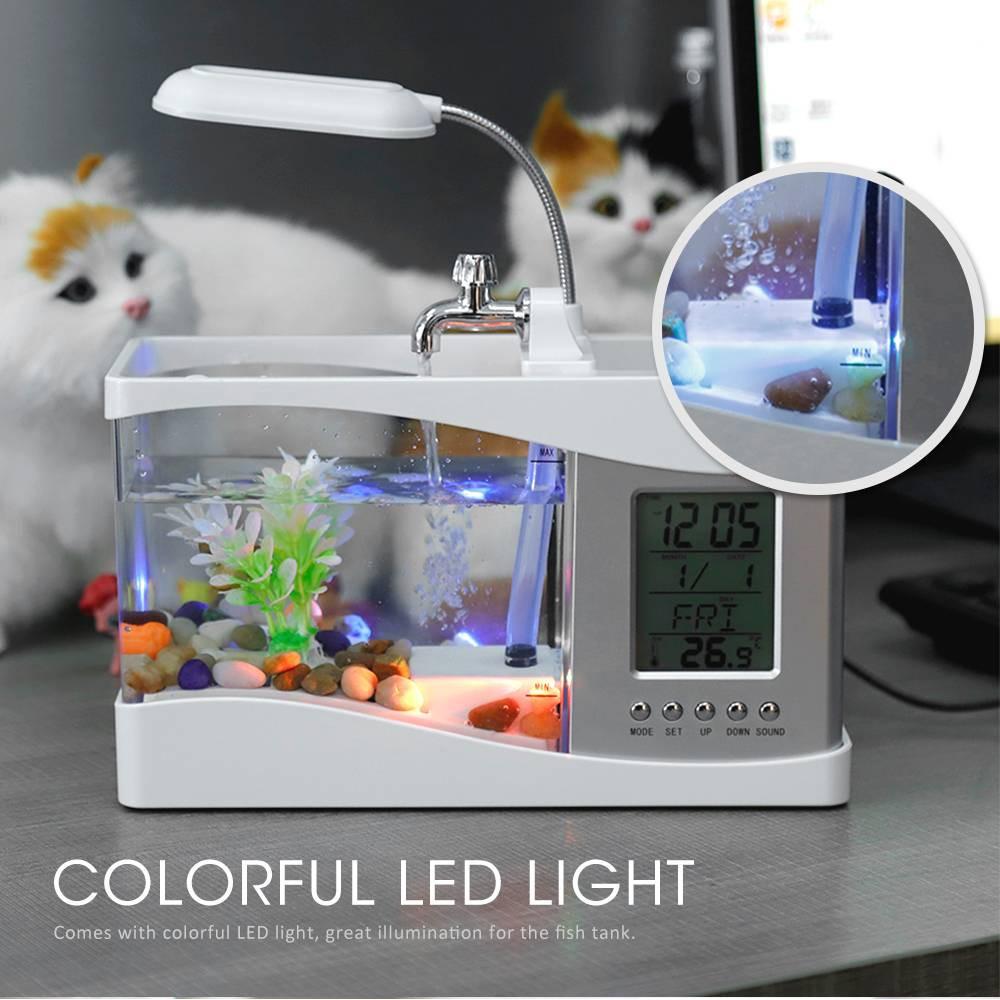 Bể cá cảnh mini để bàn, kiêm đồng hồ báo thức, đèn led tiện dụng