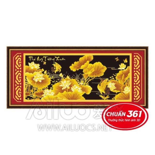 Tranh thêu chữ thập Phú quý trường xuân - Kim sắc sen hạc chưa thêu