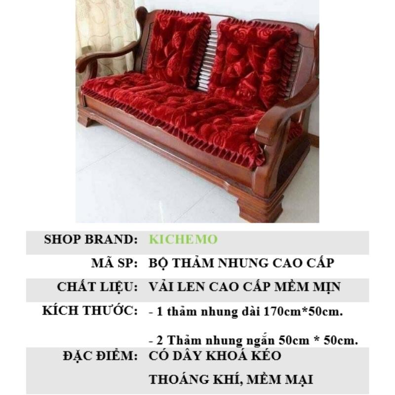 Thảm đệm lót ghế. 1 dài, 2 ngắn. Vải nhung, đệm dày. Hoa hồng to. Dài 165x55cm. Ngắn 55x55cm
