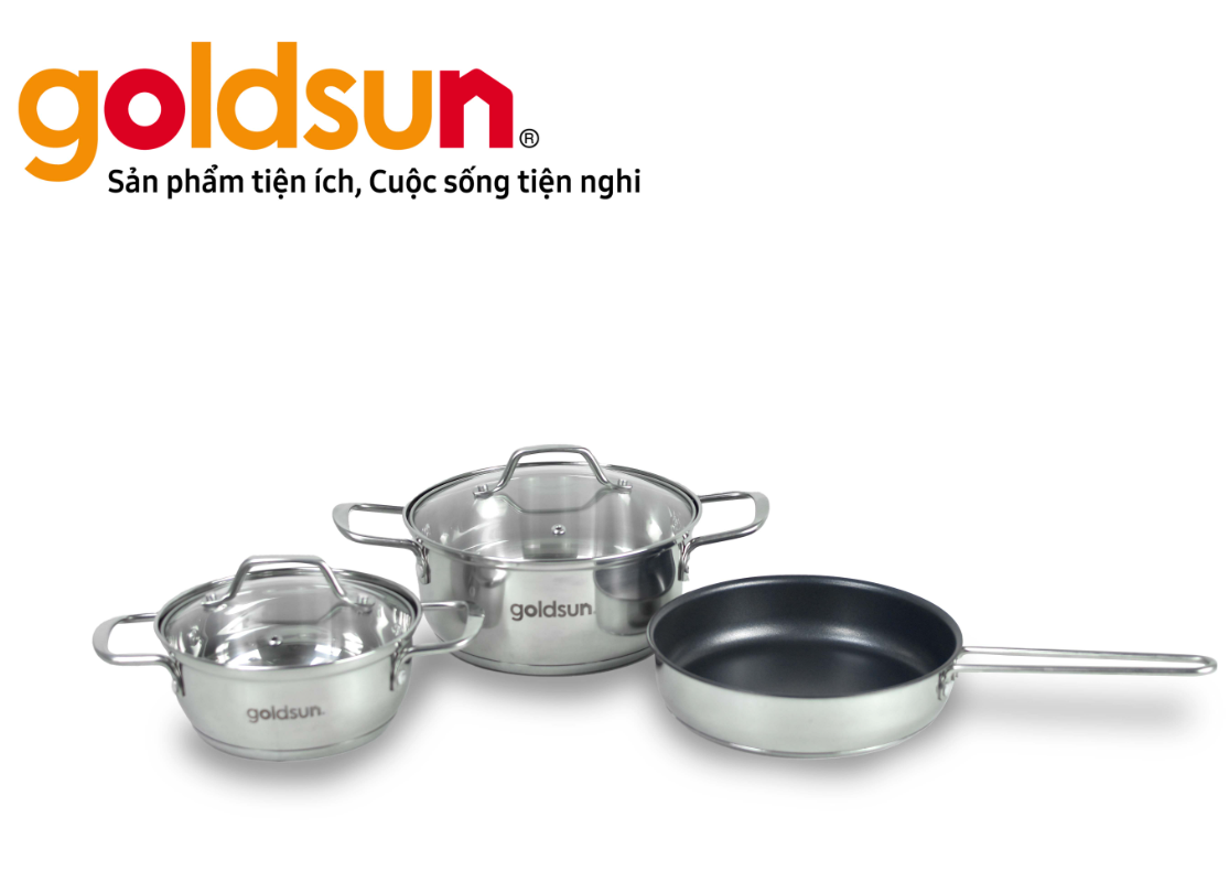 Bộ Nồi Chảo Inox Đáy Từ 3 Lớp GOLDSUN GPS1790, Inox Dập Nguyên Khối, Không Kén Bếp - Hàng Chính Hãng