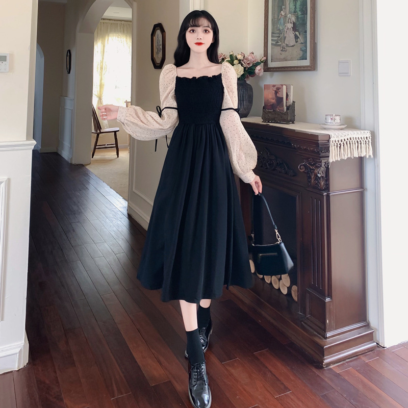 Đầm Nữ Dịu Dàng Cổ vuông xếp ly nhỏ thanh lịch đầm đen cao cấp màu trà nâu siêu cổ tích lưới khâu đầm ngọt ngào Sica19