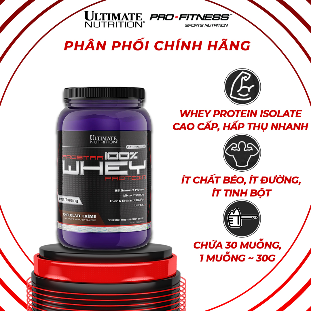 Whey Protein tăng cơ giảm mỡ Prostar 100 Ultimate Nutrition - Whey Isolate cao cấp hấp thụ protein Hũ 907g - Vị Chocolate