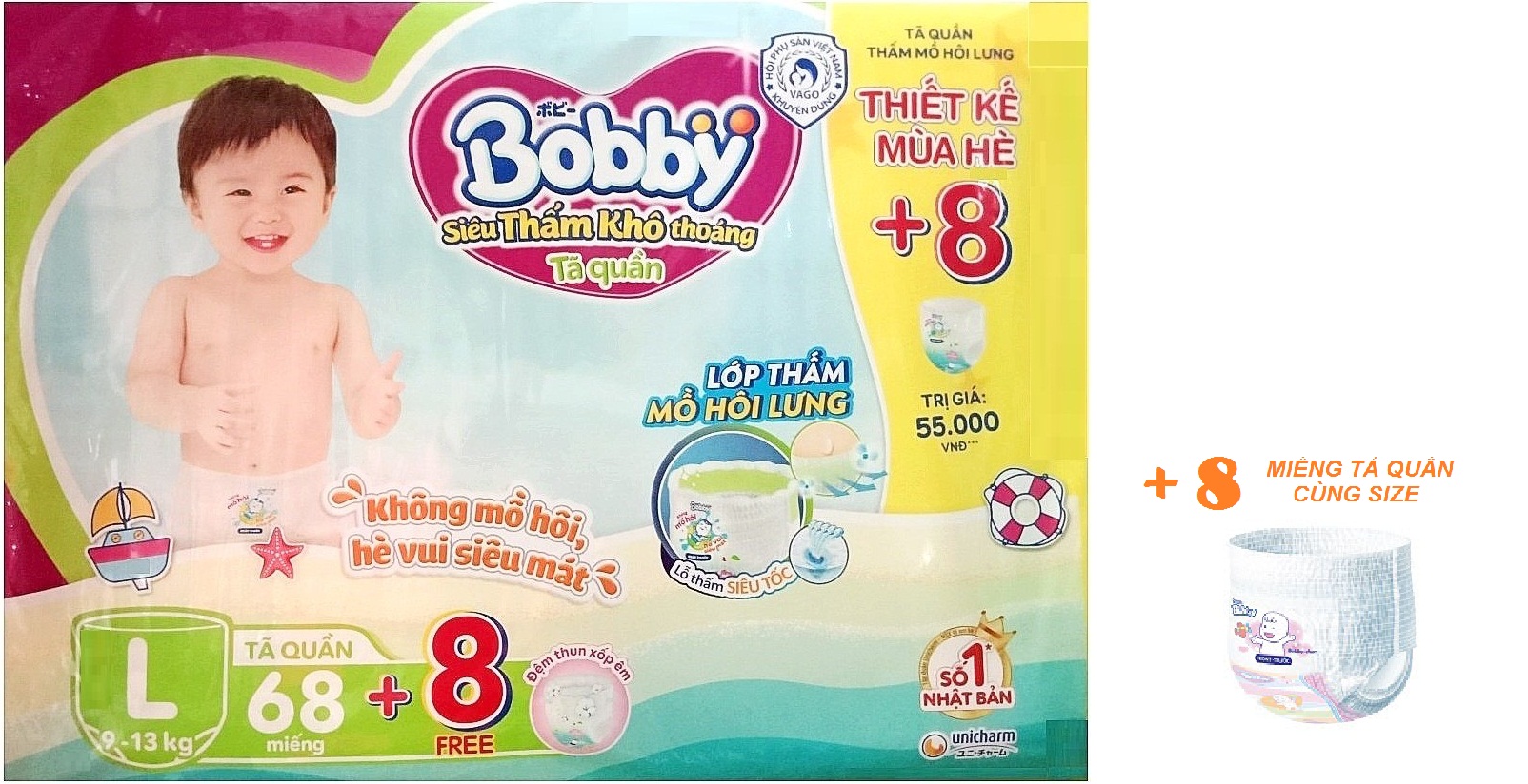 Tã quần Bobby - Đệm Lưng Thấm Mồ Hôi L68 (68 miếng) - Tặng 8 miếng trong gói