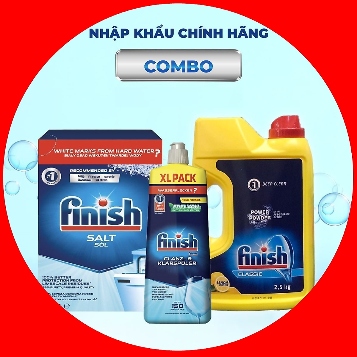 Combo bột rửa bát 2.5kg + Muối Rửa Chén Finish 4kg + Nước làm bóng ly finish 1150ml