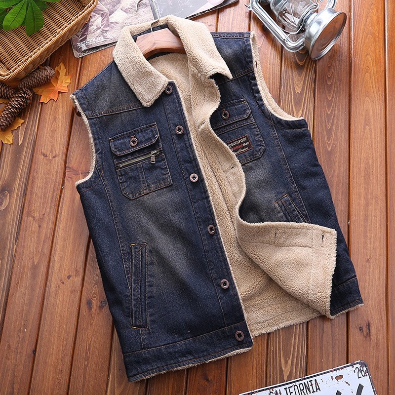 Men's denim vest, pure cotton and velvet padded vest to keep warm