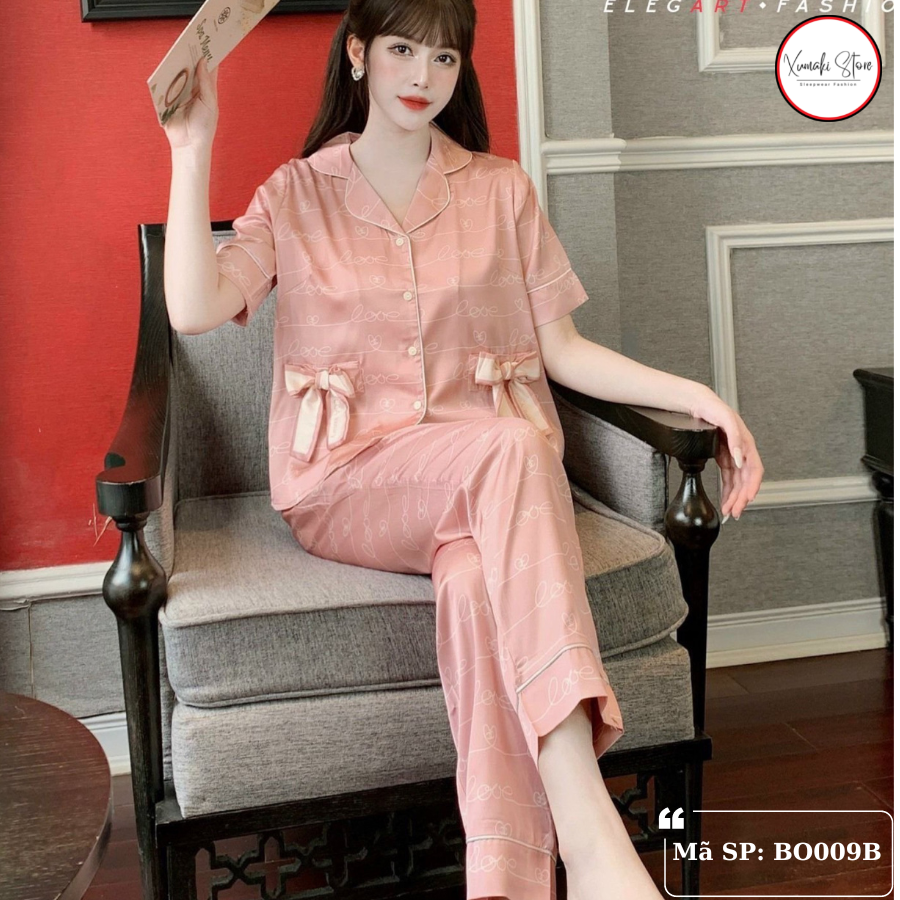 Bộ pijamas nữ áo cộc quần dài túi nơ xinh chất lụa cao cấp Xumaki Store BO009B