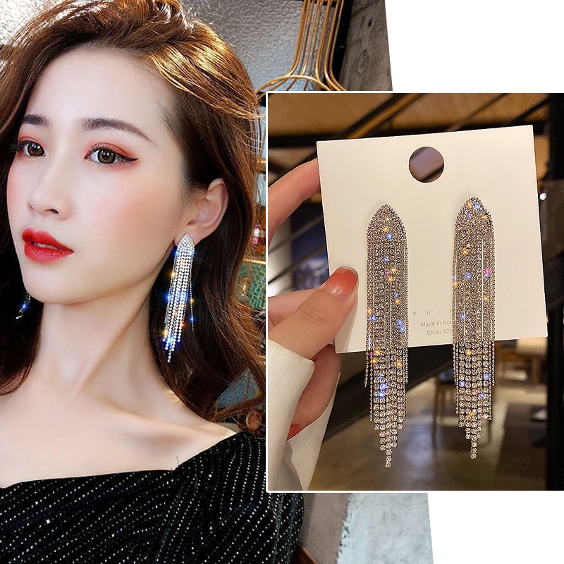 Bông Tai đi tiệc Mạ Bạc 925 Dáng Dài Đính Đá Pha Lê Phối Tua Rua Thời Trang BHBT492