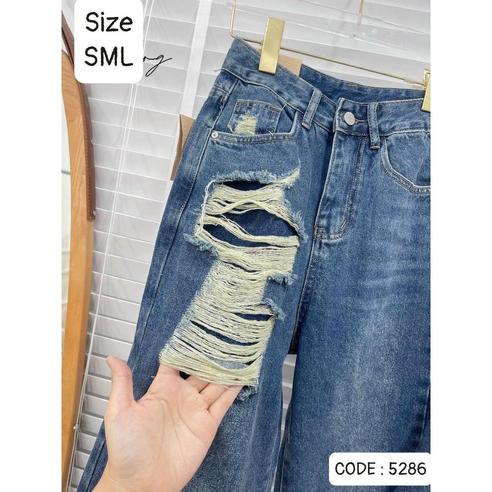 Quần Jeans Nữ Ống Rộng Cào Rách 1 Mảng Bên Túi, Quần Bò Ống Rộng Rách Lưng Cao Xanh Đậm Siêu Phá Cách 311