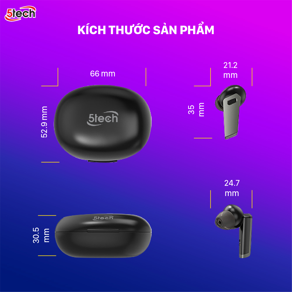 Tai nghe bluetooth, tai nghe không dây 5TECH 5T229 nhét tai, hàng chính hãng full chức năng cảm ứng nhậy âm thanh chuẩn HIFI