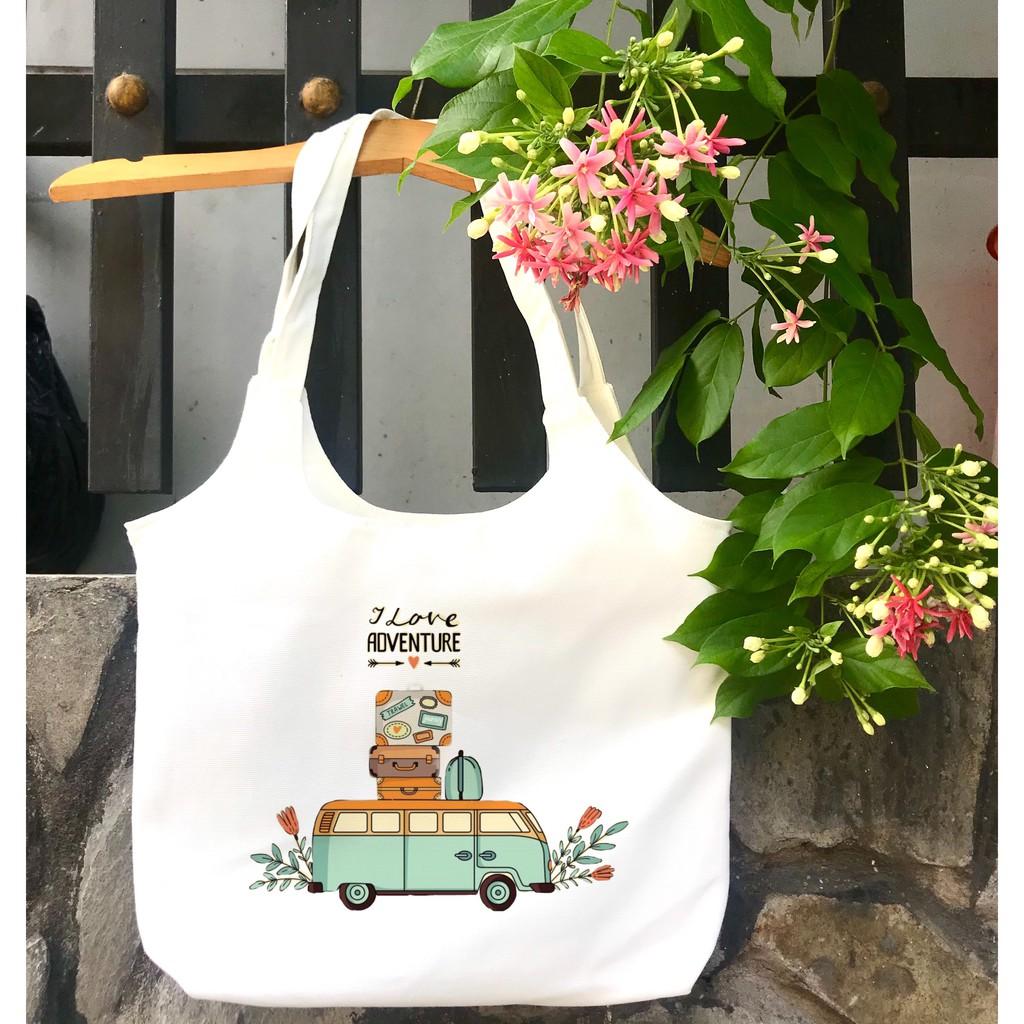 TÚI tote bầu vải canvas đeo vai hello summer_Khoá kéo