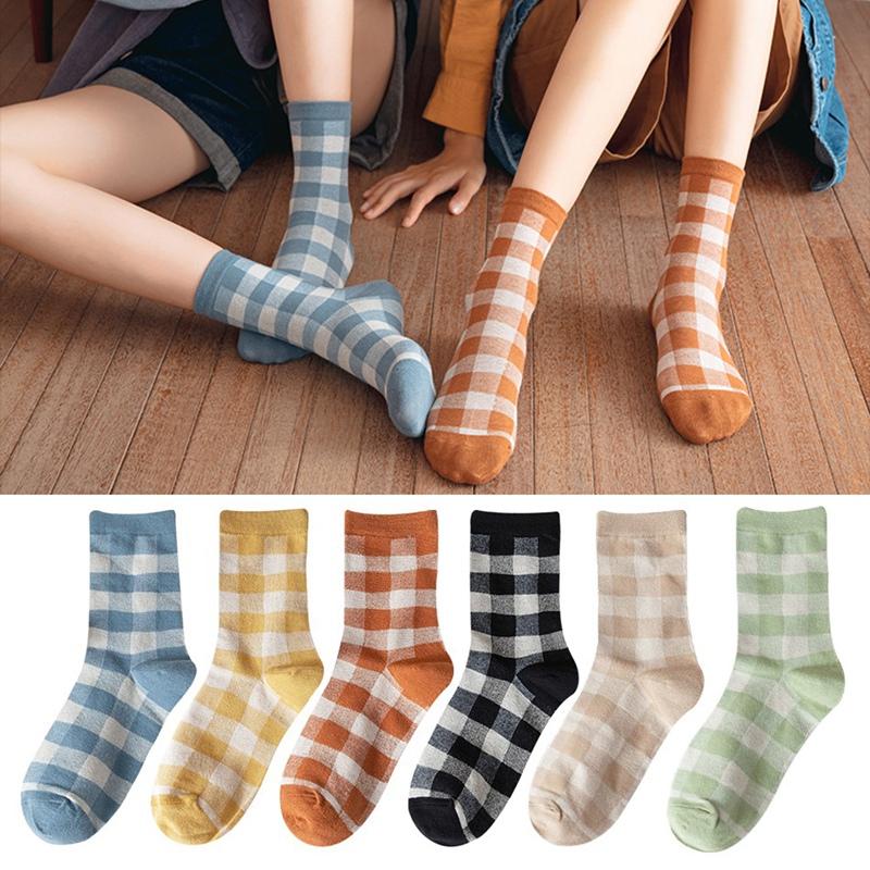 Unisex Stripe Cotton Middle Tube Socks Grid Solid Retro Color Sock Supplies