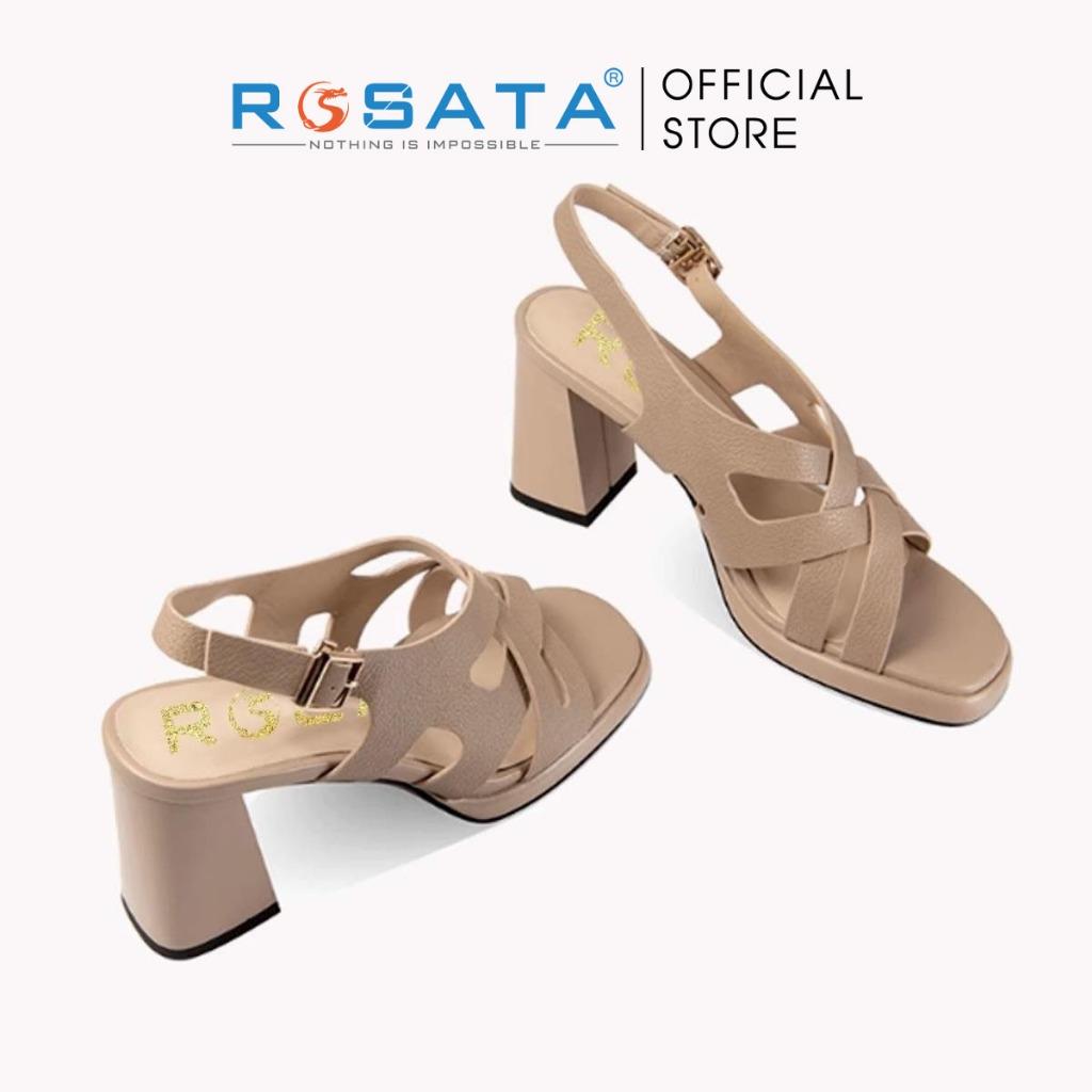 Giày sandal cao gót nữ đế vuông 7 phân mũi vuông  phối dây quai hậu cài khóa mảnh ROSATA RO596 ( Bảo Hành 12 Tháng ) - Nâu