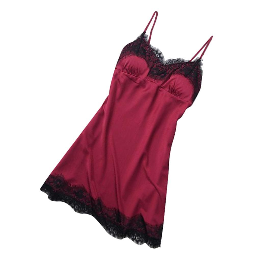 2x Ladies V-Neck Pajama Sleeveless Black Lace Trim Lingerie Sleepwear Dress