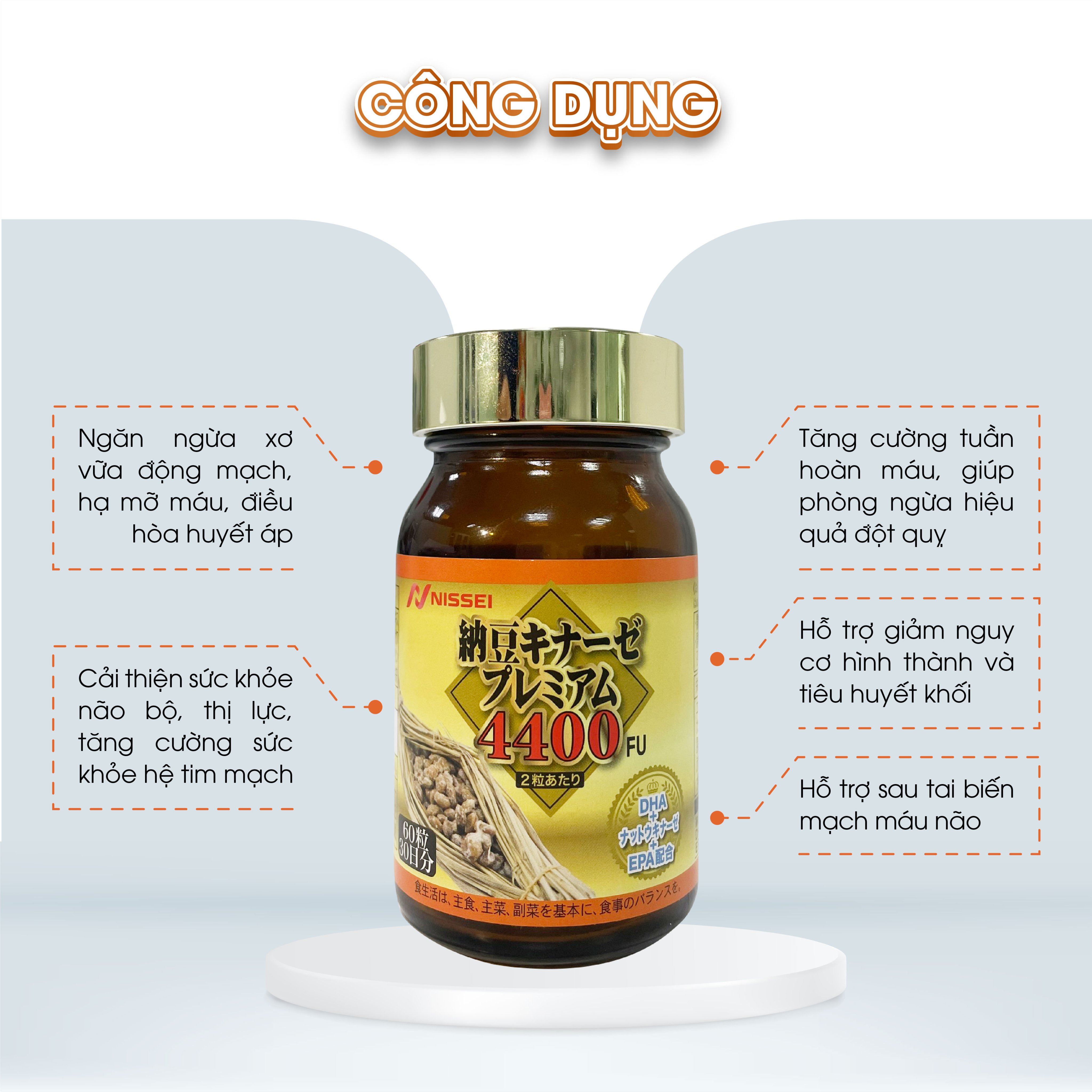 Viên phòng ngừa đột quỵ và tai biến Nattokinase 4400FU. Lọ 60 Viên. Chính hãng Nhật Bản. Tăng cường tuần hoàn máu não