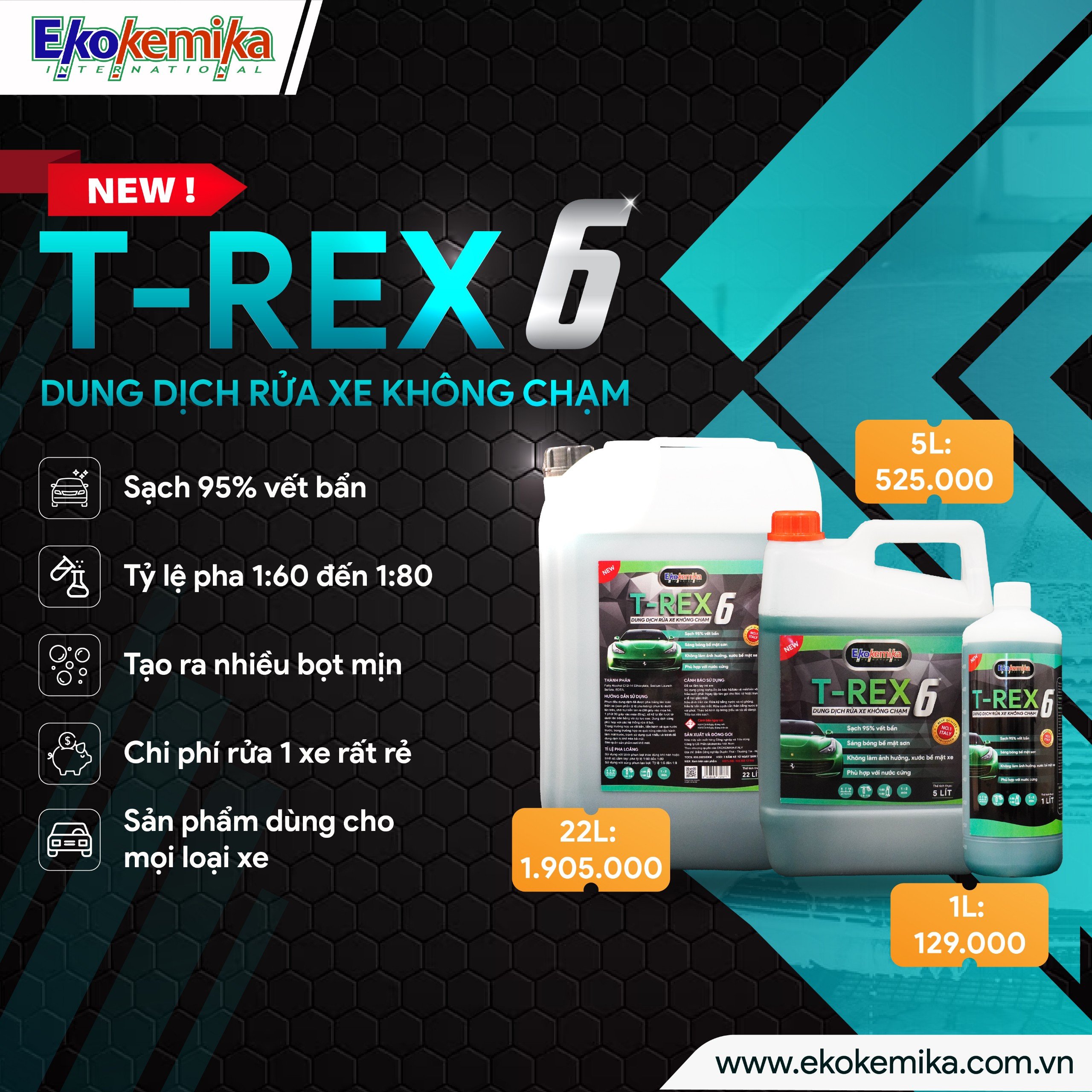 NƯỚC RỬA Ô TÔ - XE MÁY KHÔNG CHẠM ĐẶC BIỆT EKOKEMIKA ITALY T-REX 6 -22L