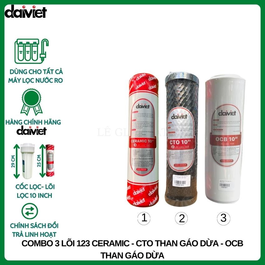 COMBO 3 LÕI LỌC NƯỚC THÔ 1-2-3 CERAMIC - OCB THAN GÁO DỪA- CTO THAN GÁO DỪA -HÀNG CHÍNH HÃNG