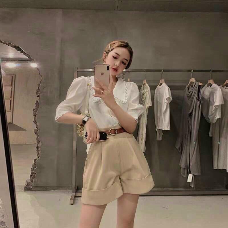 SET SMI TRẮNG VIỀN REN + SHORT NUDE KÈM BELT