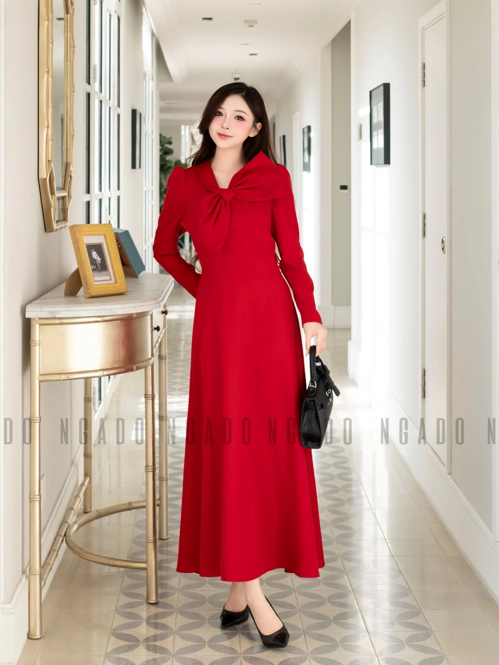 Đầm đỏ cổ phối nơ NGADO , đầm dự tiệc dáng dài