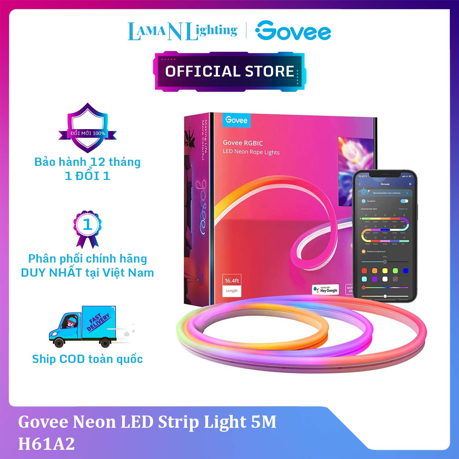 Dây đèn LED RGB Govee Neon LED Strip Light 5M H61A2 | Đèn DIY trang trí, chống thấm nước, công nghệ RGBIC 16 triệu màu, 64 chế độ tự động| Hàng chính hãng