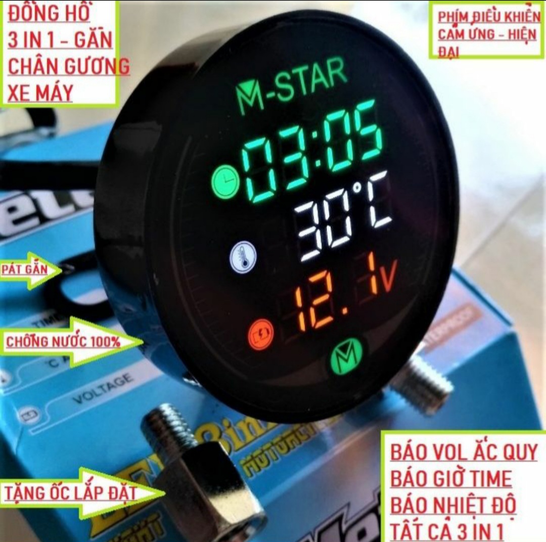 ĐỒNG HỒ GẮN XE MÁY 3IN1 BÁO GIỜ BÁO VON BÁO NHIỆT ĐỘ THÔNG MINH MẪU MỚI CỰC CHẤT