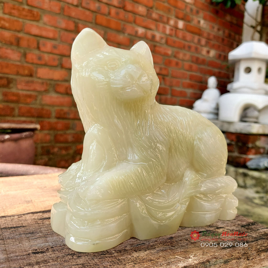 Tượng mèo 12 con giáp phong thủy đá ngọc Pakistan dài 15cm