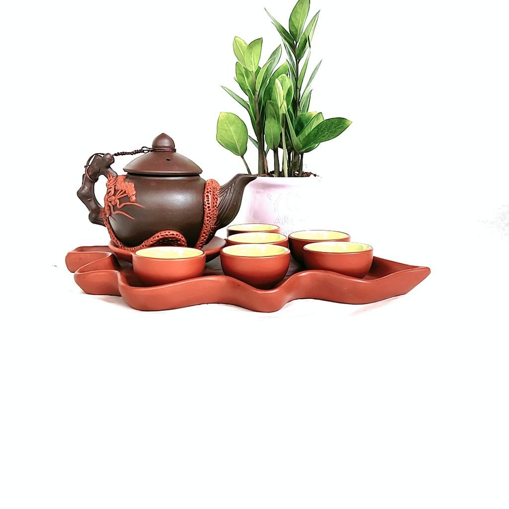 Bộ ấm trà tử sa - Màu nâu đắp hoa nổi màu đỏ khay hình lá cỡ to - Dung tích 650 ml