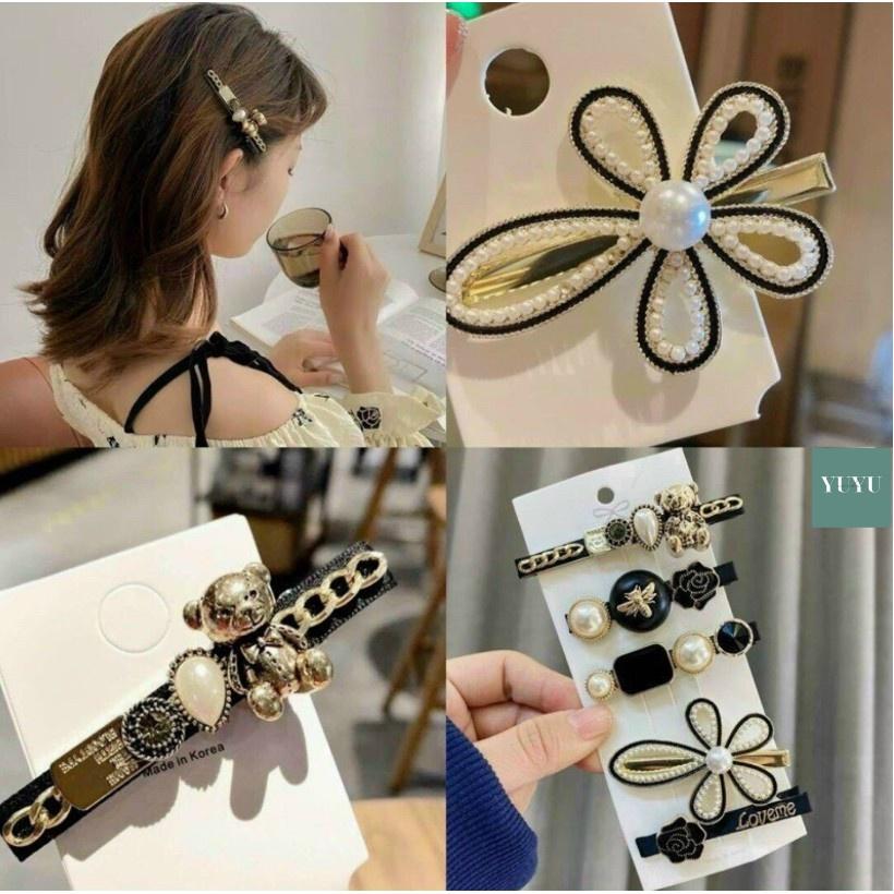 Set 5 Kẹp Tóc Hình Nơ Đính Ngọc Trai Màu Đen Phong Cách Retro Hàn Quốc