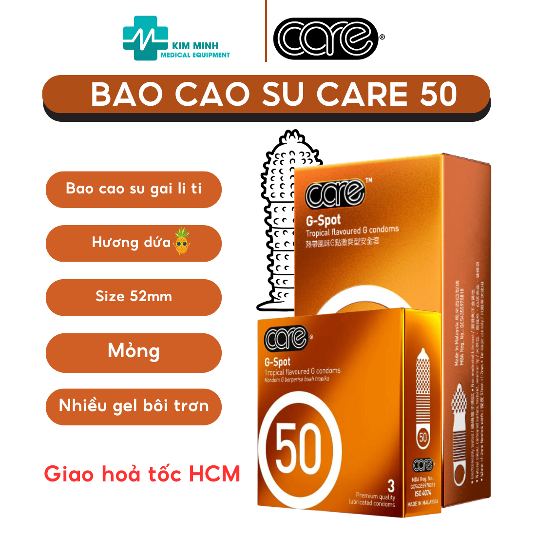 Bao Cao Su CARE 50 Có Gai hương rừng nhiệt đới nhiều gel bôi trơn hộp 3 chiếc, 12 chiếc nhập khẩu Malaysia