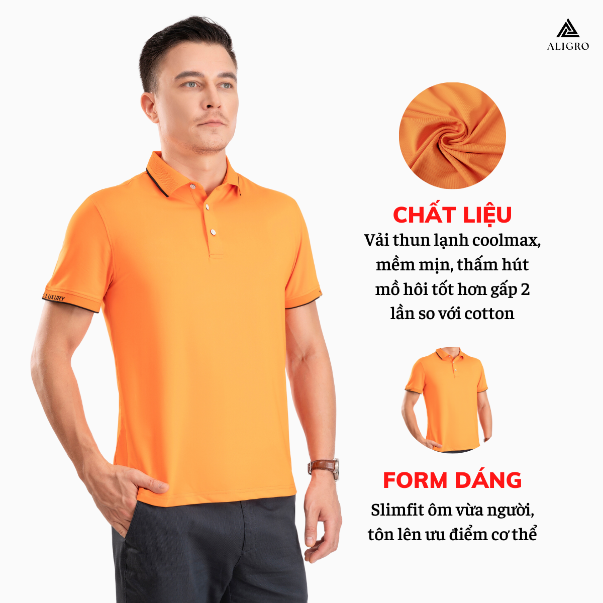 Áo polo golf nam ngắn tay ALIGRO chất vải coolmax màu cam năng động ALGPLO100