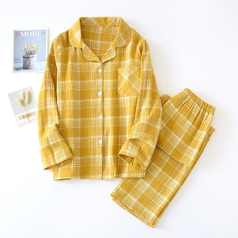 Bộ pyjama nữ dài tay mặc nhà vải xô nhật hai lớp mềm nhẹ họa tiết kẻ