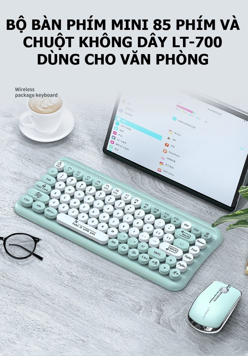 Bộ bàn phím mini 85 phím nút tròn và chuột không dây LT700 dùng cho văn phòng - JL