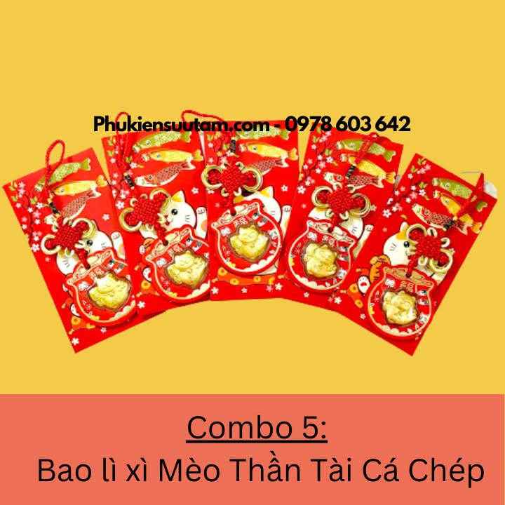 Combo 5 Bao Lì Xì Mèo Thần Tài Cá Chép, kích thước: 17cmx9cm, màu đỏ - SP005934