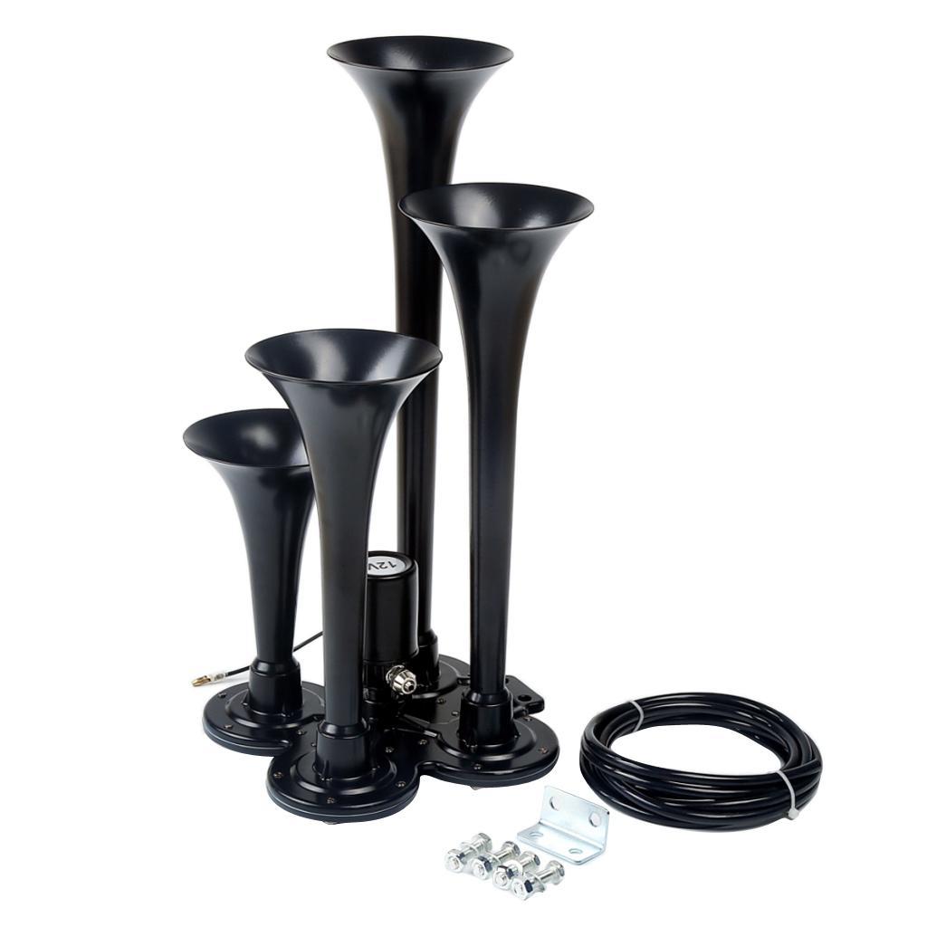 Loud 150dB 4/Four Trumpet Train Air Horn With 12V Electric Solenoid Black