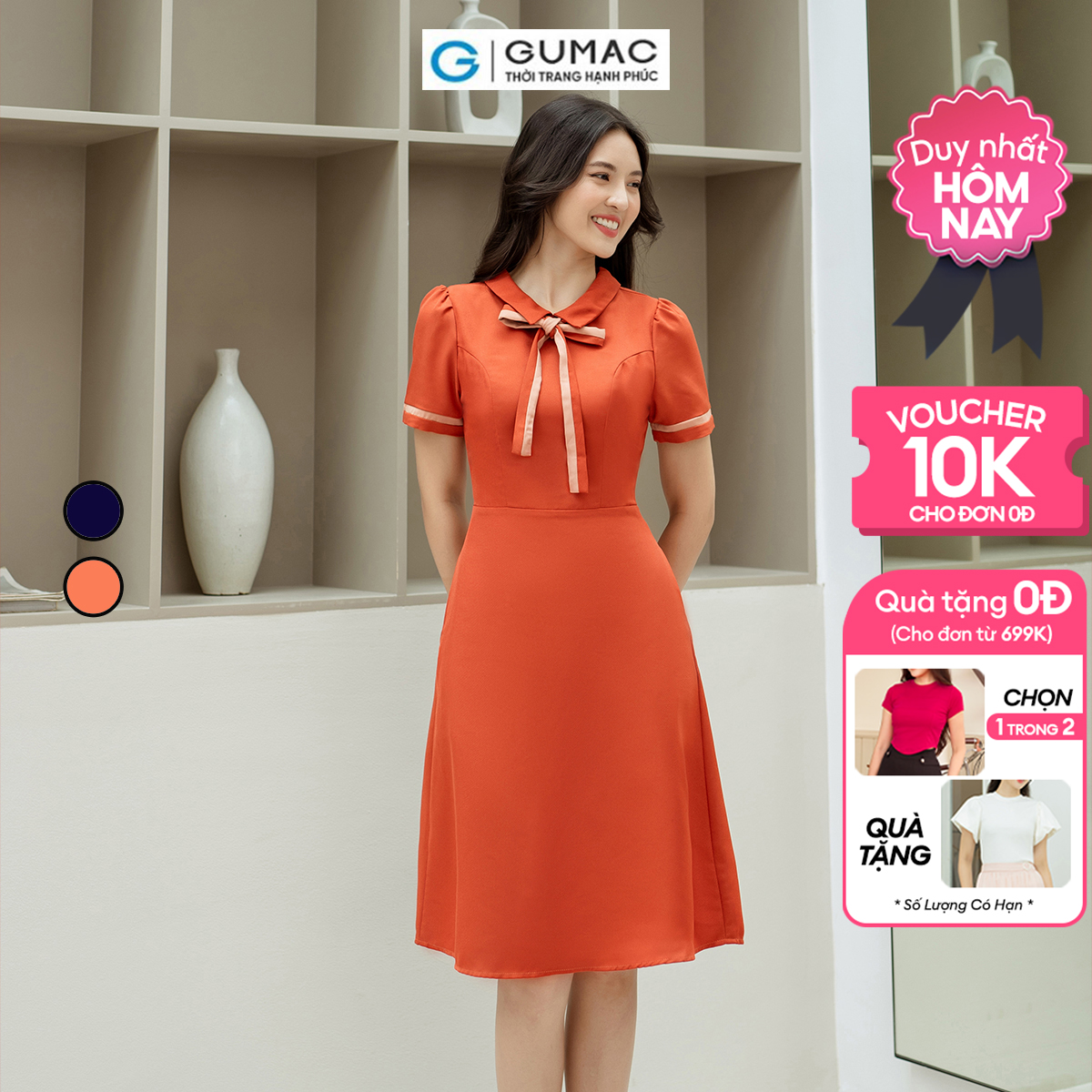 Đầm A nẹp tay phối thời trang GUMAC LDD0805
