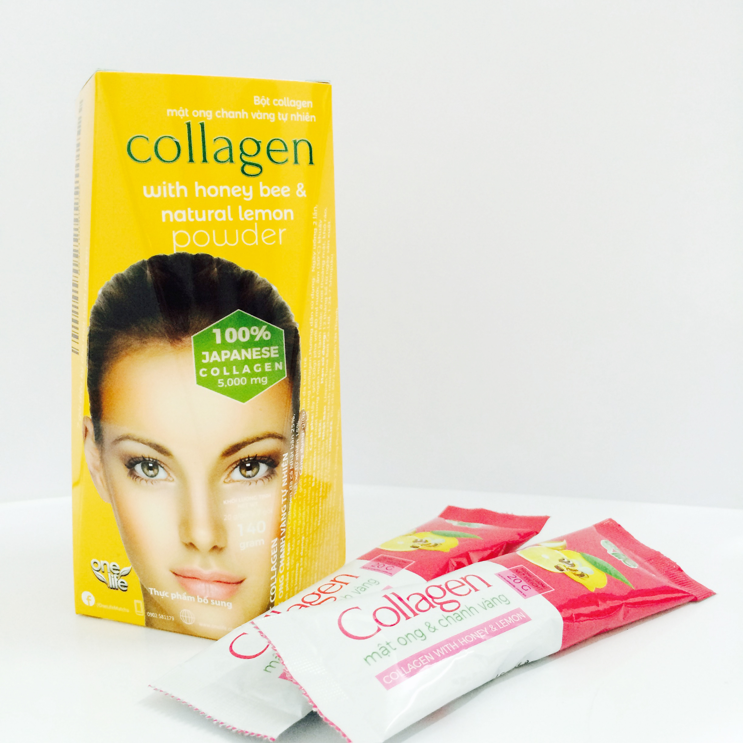 Thực Phẩm Bổ sung Collagen Mật Ong Chanh Vàng Tự Nhiên OneLife (100% Bột collagen Cá Nhật Bản) – Hộp 7 gói x 20gr/gói