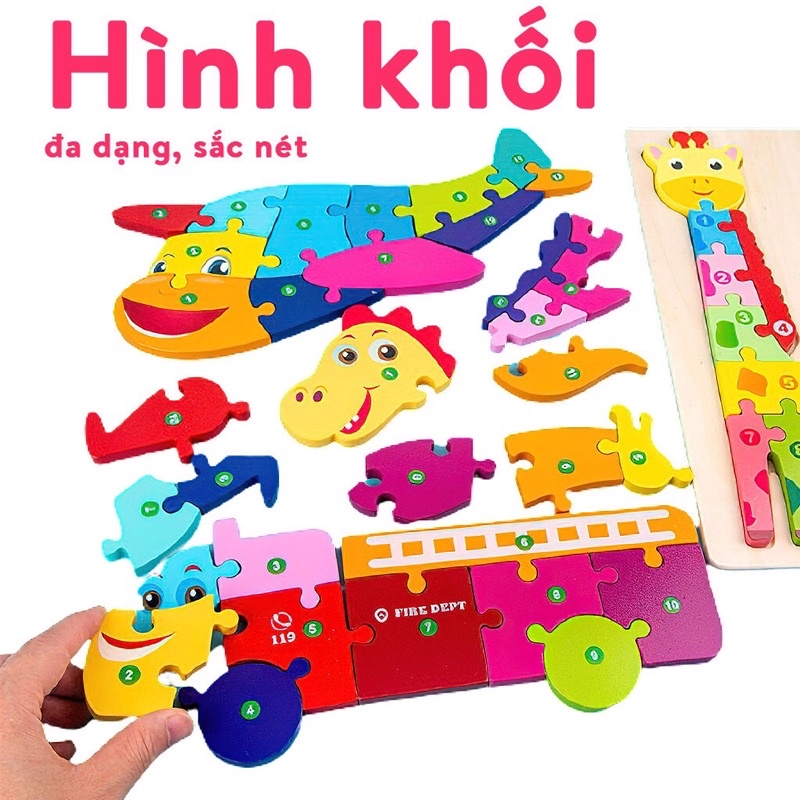 Bảng ghép hình bằng gỗ nổi học chữ số với 12 chủ đề cho bé lắp ráp thông minh | Đồ chơi ghép mảnh puzzle đa năng