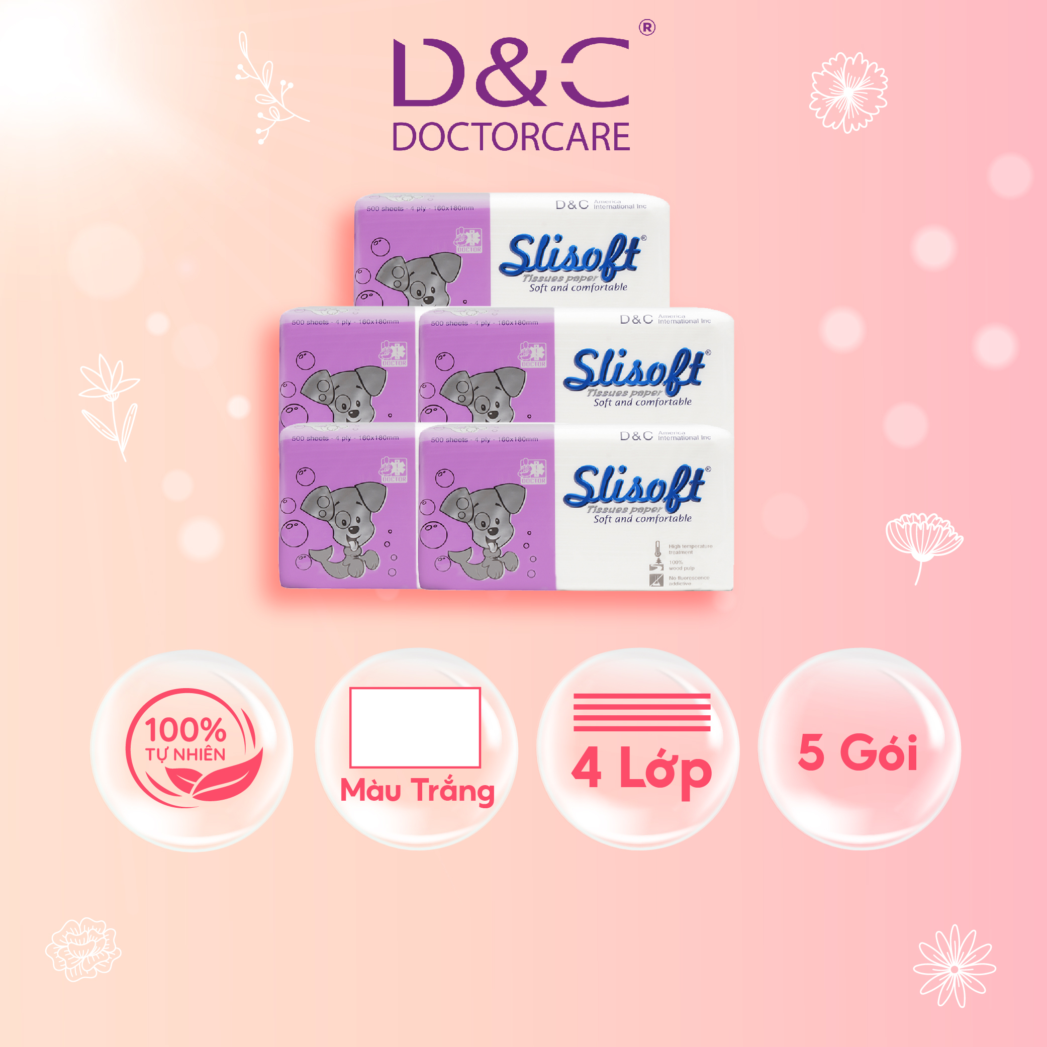 Combo 5 Giấy ăn Slisoft Trắng tự nhiên đa năng,khăn giấy rút không chất tẩy trắng an toàn cho cả gia đình