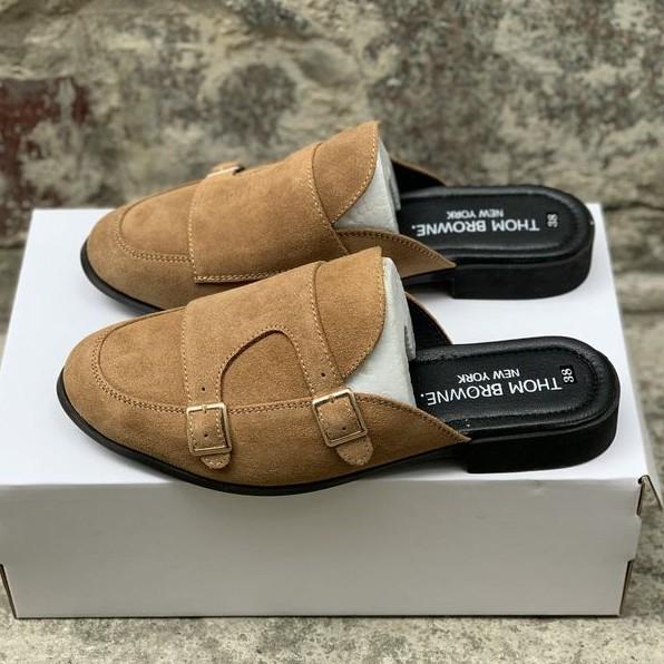 Double Monk Strap Slipper, giày sục nam da bò