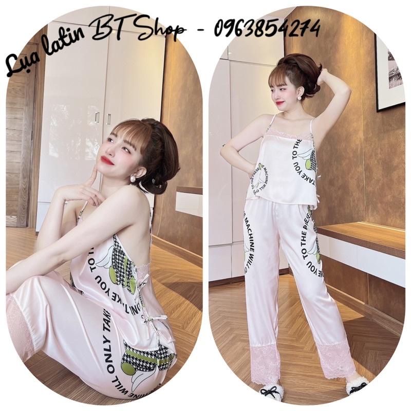 Đồ ngủ đồ mặc nhà lụa latin màu trơn hoạ tiết quần dài freesize 42-57kg
