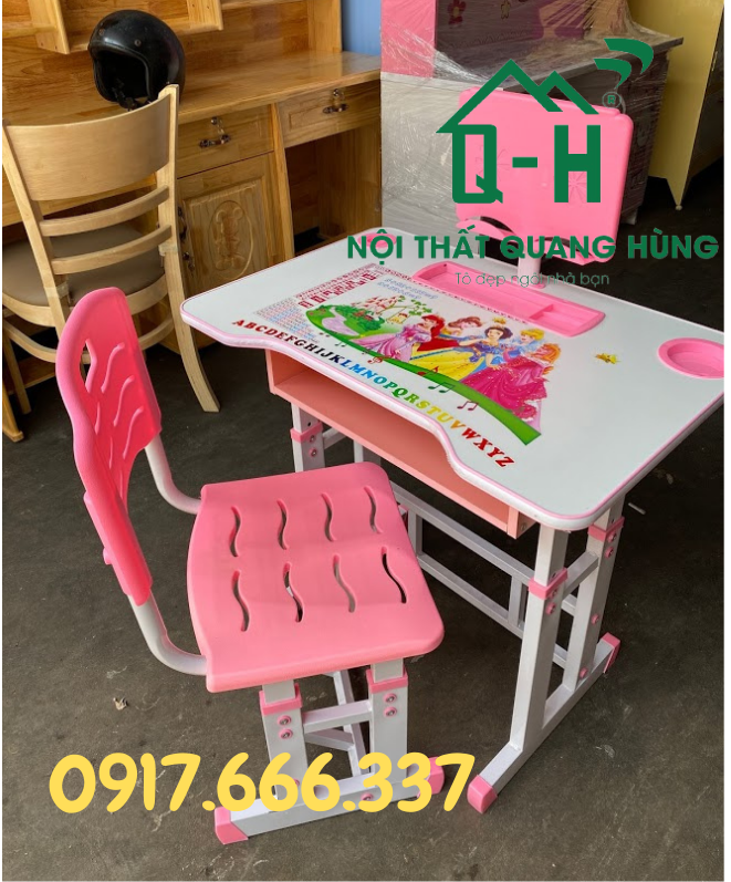 Bộ bàn học sinh nhựa chân sắt màu hồng chống gù chống cận cho bé