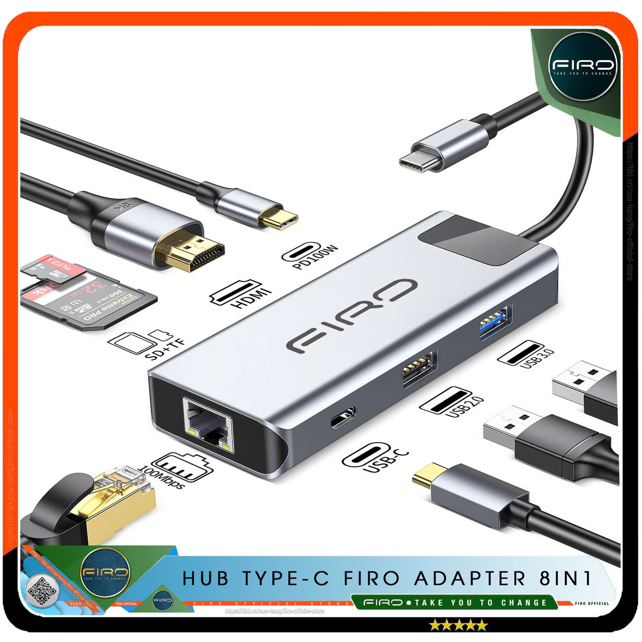 Hub Type-C FIRO 8in1 - Hub Chuyển Đổi Type-C To HDMI 8in1 Chuẩn HDTV - 1 Cổng HDMI 4K, 2 Cổng USB 3.0 / 2.0, 2 Khe Đọc Thẻ TF / SD, 2 Cổng PD / USB-C, 1 Cổng Mạng Lan - Kết Nối Tốc Độ Cao - Dùng Cho Smartphone/Laptop/PC/Tivi/Playstation - Hàng Chính Hãng