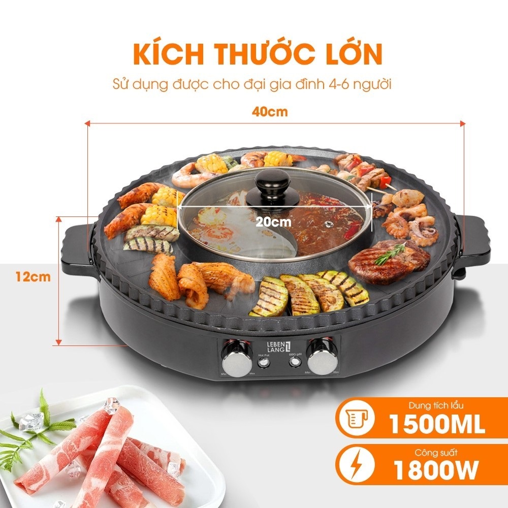 Nồi lẩu nướng điện 2 ngăn Sothing Lebenlang LBTT5288, bếp lẩu nướng 2in1, cong suất 1800w- Hàng chính hãng