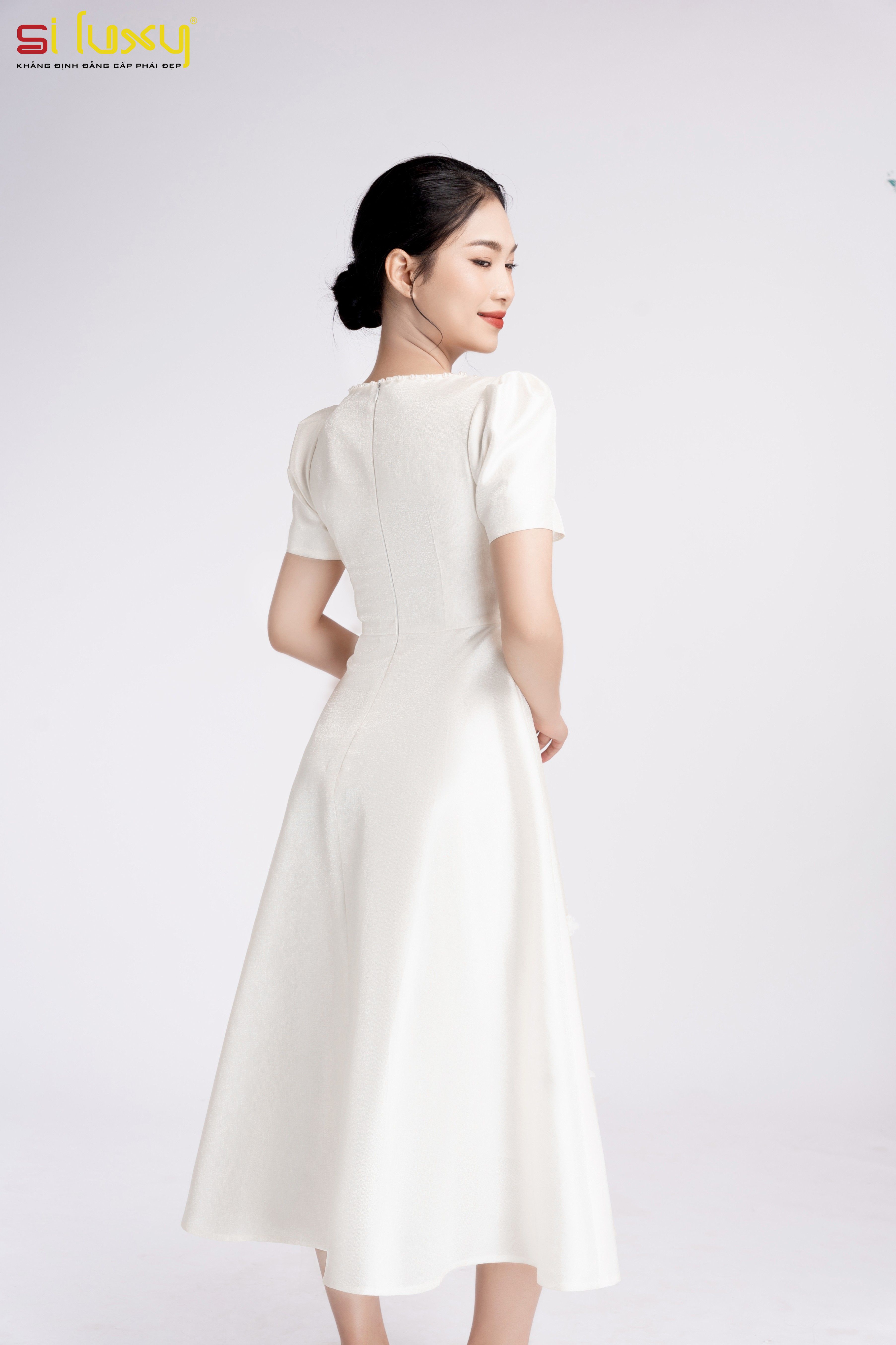Đầm nữ Tafta trắng Siluxy dự tiệc sang trọng Thiết Kế Cao Cấp Giới Hạn Số Lượng dáng xòe tiểu thư D3-52