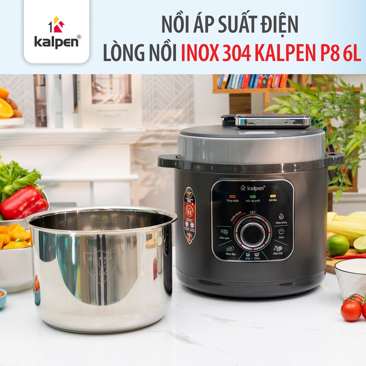 Nồi áp suất điện lòng nồi inox 304 dung tích 6L, Núm vặn cơ dễ sử dụng KALPEN P8 - Hàng chính hãng