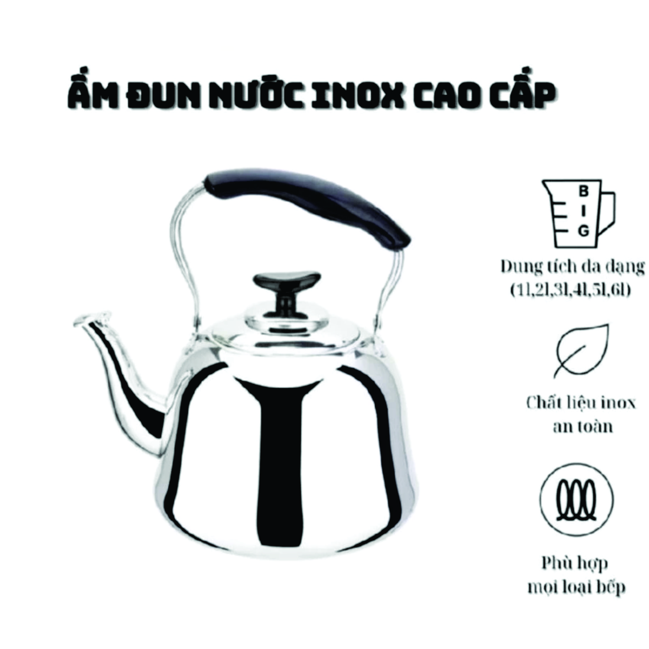 Ấm đun nước inox 304 5L, hàng thái lan, dùng cho mọi loại bếp.