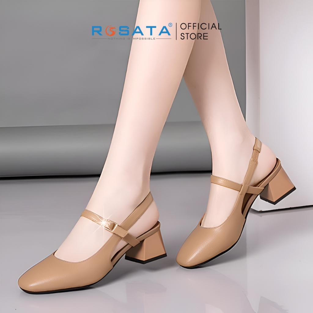 Giày cao gót nữ đế vuông 5 phân mũi tròn quai hậu cài khóa dây mảnh ROSATA RO622 - Nâu