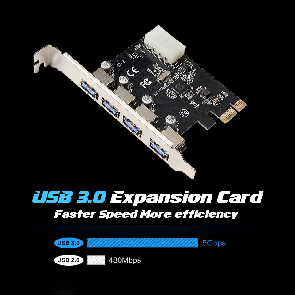 Thẻ mở rộng cổng PCI-E sang 4 cổng USB3.0 với giao diện nguồn 4Pin lớn cho máy tính để bàn