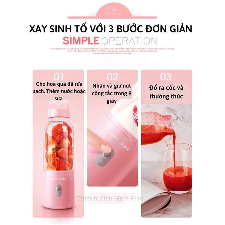 Máy xay sinh tố mini cầm tay Meet Juice 500ml tặng túi đá giữ nhiệt 24H, máy xoay hoa quả